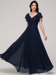 A-Line Short Sleeves V-Neck Floor-Length Chiffon Prom Dress