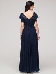 A-Line Short Sleeves V-Neck Floor-Length Chiffon Prom Dress