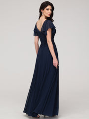 A-Line Short Sleeves V-Neck Floor-Length Chiffon Prom Dress