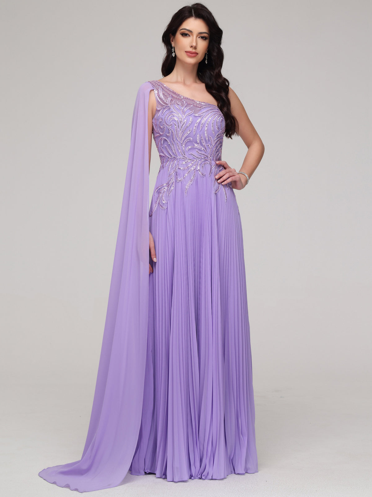 A-Line One Shoulder Lace Appliques Floor-Length Chiffon Prom Dress