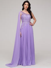 A-Line One Shoulder Lace Appliques Floor-Length Chiffon Prom Dress