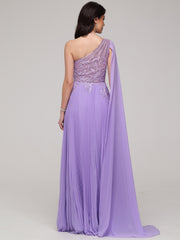 A-Line One Shoulder Lace Appliques Floor-Length Chiffon Prom Dress