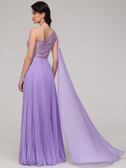 A-Line One Shoulder Lace Appliques Floor-Length Chiffon Prom Dress