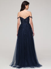 V-Neck Spaghetti Straps Backless Lace Appliques Sweep Train Prom Dress With Split