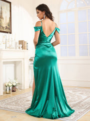 Off The Shoulder V-Back Pleats Sweep Train Prom Dress