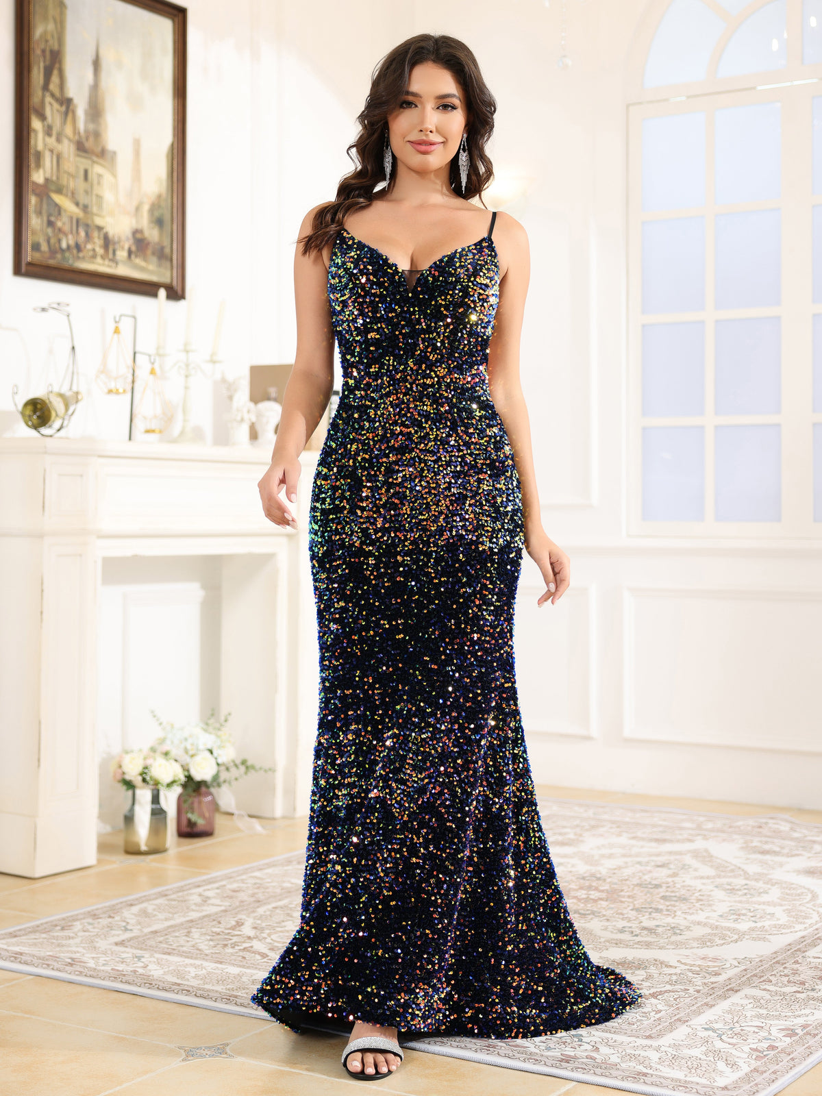 Sparkly Spaghetti Straps Mermaid Sequins Prom Dress
