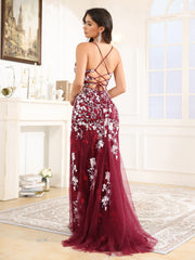 V-Neck Lace Appliques Sweep Train Prom Dress With Split