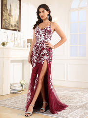 V-Neck Lace Appliques Sweep Train Prom Dress With Split