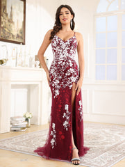 V-Neck Lace Appliques Sweep Train Prom Dress With Split