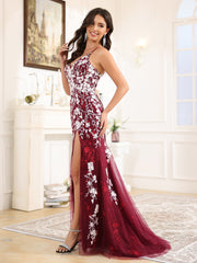 V-Neck Lace Appliques Sweep Train Prom Dress With Split