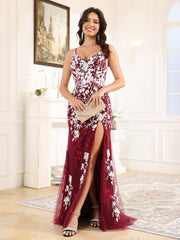 V-Neck Lace Appliques Sweep Train Prom Dress With Split