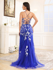 Spaghetti Straps Lace Appliques Sweep Train Prom Dress With Split