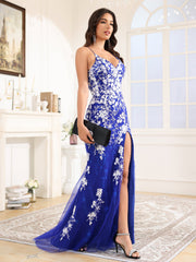 Spaghetti Straps Lace Appliques Sweep Train Prom Dress With Split