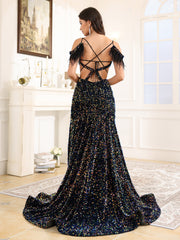 Off The Shoulder V-Neck Sequins Court Train Prom Dress