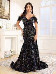 Off The Shoulder V-Neck Sequins Court Train Prom Dress