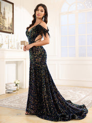 Off The Shoulder V-Neck Sequins Court Train Prom Dress