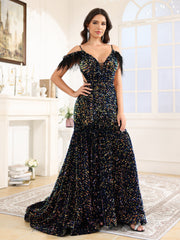 Off The Shoulder V-Neck Sequins Court Train Prom Dress