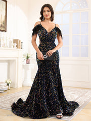 Off The Shoulder V-Neck Sequins Court Train Prom Dress