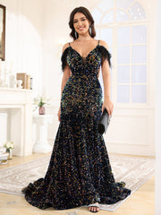 Off The Shoulder V-Neck Sequins Court Train Prom Dress