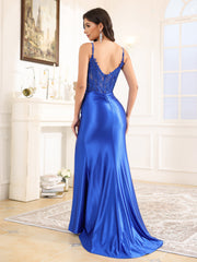 Spaghetti Straps Sleeveless Ruched Sequins Prom Dress With Split