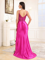 V-Back Spaghetti Straps Sweep Train Prom Dress With Split