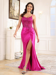V-Back Spaghetti Straps Sweep Train Prom Dress With Split
