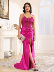 V-Back Spaghetti Straps Sweep Train Prom Dress With Split