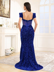 Trumpet/Mermaid Short Sleeves Sweetheart Sequins Long Prom Dress