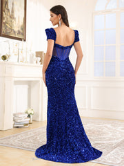 Trumpet/Mermaid Short Sleeves Sweetheart Sequins Long Prom Dress