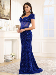 Trumpet/Mermaid Short Sleeves Sweetheart Sequins Long Prom Dress