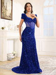 Trumpet/Mermaid Short Sleeves Sweetheart Sequins Long Prom Dress