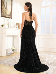 Halter Sleeveless Sequins Sweep Train Prom Dress