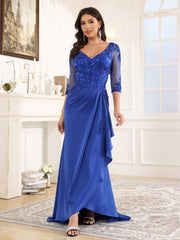 3/4 Length Sleeves Sequins Long Satin Prom Dress