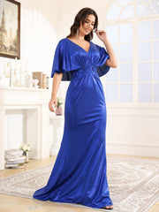 Half Sleeves V-Neck Sweep Train Prom Dress