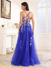 Spaghetti Straps V-Back Lace Floor Length Prom Dress With Split