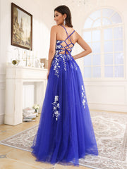 Spaghetti Straps V-Back Lace Floor Length Prom Dress With Split