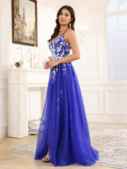 Spaghetti Straps V-Back Lace Floor Length Prom Dress With Split