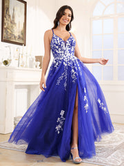 Spaghetti Straps V-Back Lace Floor Length Prom Dress With Split
