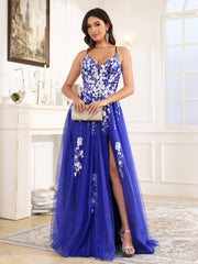 Spaghetti Straps V-Back Lace Floor Length Prom Dress With Split
