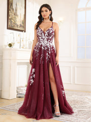 A-Line Lace Appliques Spaghetti Straps Tulle Prom Dress With Split