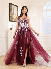 A-Line Lace Appliques Spaghetti Straps Tulle Prom Dress With Split