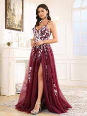 A-Line Lace Appliques Spaghetti Straps Tulle Prom Dress With Split