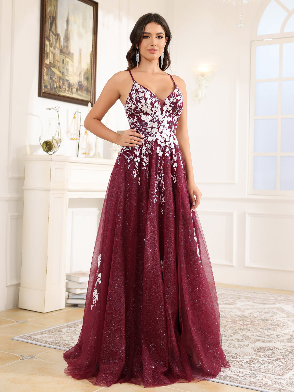 A-Line Lace Appliques Spaghetti Straps Tulle Prom Dress With Split
