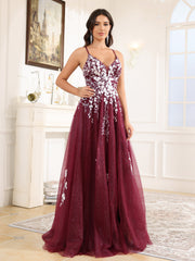 A-Line Lace Appliques Spaghetti Straps Tulle Prom Dress With Split