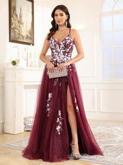 A-Line Lace Appliques Spaghetti Straps Tulle Prom Dress With Split