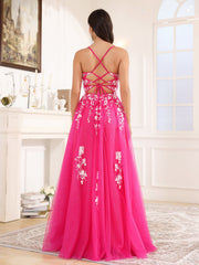 Spaghetti Straps Lace Appliques Long Prom Dress With Split