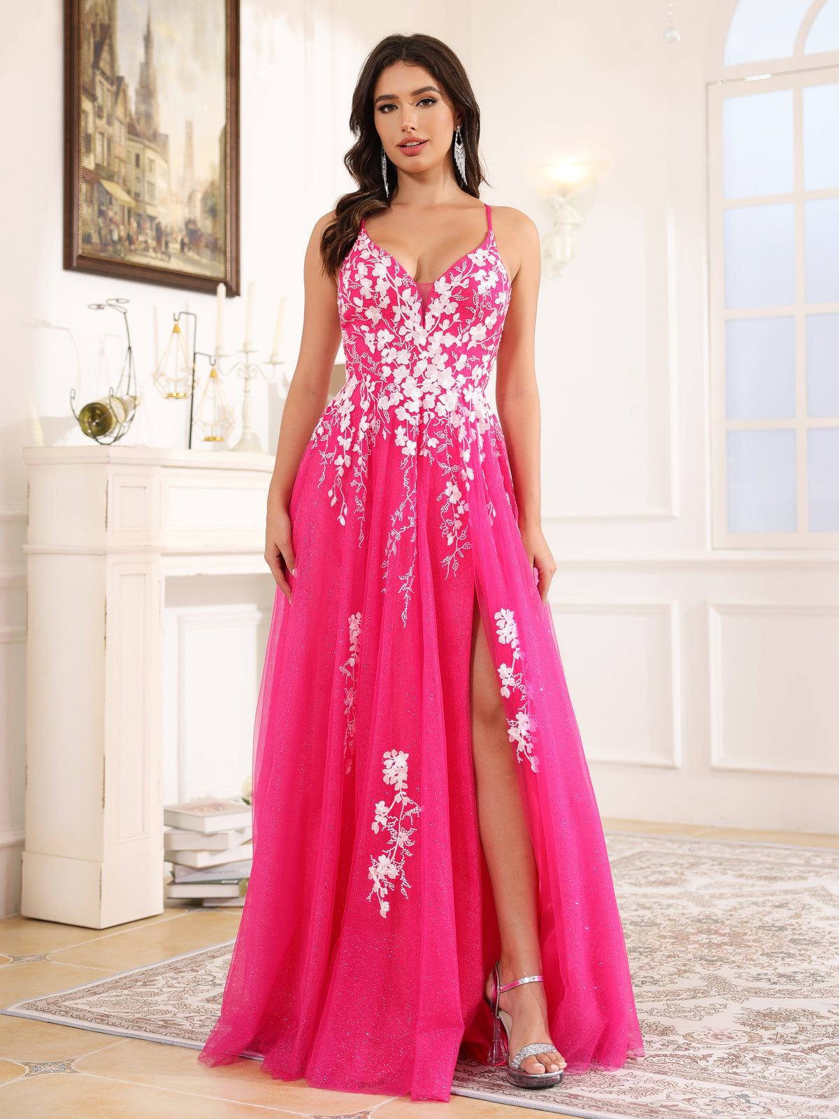 Spaghetti Straps Lace Appliques Long Prom Dress With Split