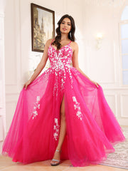 Spaghetti Straps Lace Appliques Long Prom Dress With Split