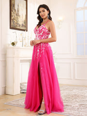 Spaghetti Straps Lace Appliques Long Prom Dress With Split