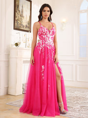 Spaghetti Straps Lace Appliques Long Prom Dress With Split